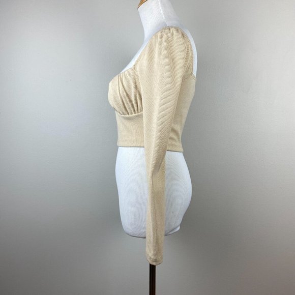 Princess Polly Crop Top 6 Beige Ribbed Knit Sweetheart Ruched Long Sleeve - Picture 6 of 10